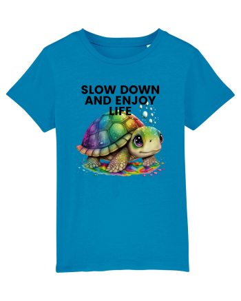 Broasca testoasa pictata in acuarela cu mesajul  Slow Down and Enjoy Life Azur