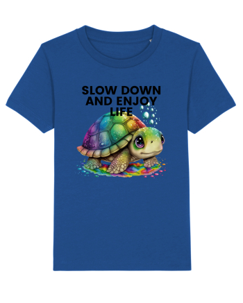 Broasca testoasa pictata in acuarela cu mesajul  Slow Down and Enjoy Life Majorelle Blue