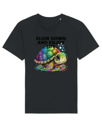 Broasca testoasa pictata in acuarela cu mesajul  Slow Down and Enjoy Life Black