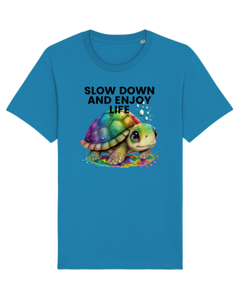 Broasca testoasa pictata in acuarela cu mesajul  Slow Down and Enjoy Life Azur
