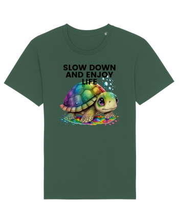 Broasca testoasa pictata in acuarela cu mesajul  Slow Down and Enjoy Life Bottle Green