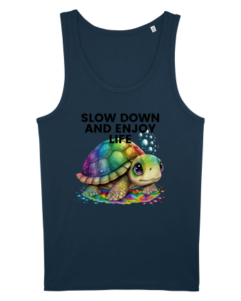 Broasca testoasa pictata in acuarela cu mesajul  Slow Down and Enjoy Life Navy