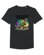 Broasca testoasa pictata in acuarela cu mesajul  Slow Down and Enjoy Life Tricou mânecă scurtă guler larg Bărbat Skater