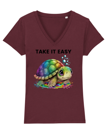 Broasca testoasa pictata in acuarela cu mesajul  Take it Easy Burgundy