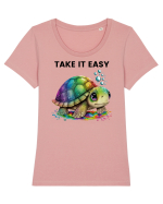 Broasca testoasa pictata in acuarela cu mesajul  Take it Easy Tricou mânecă scurtă guler larg fitted Damă Expresser