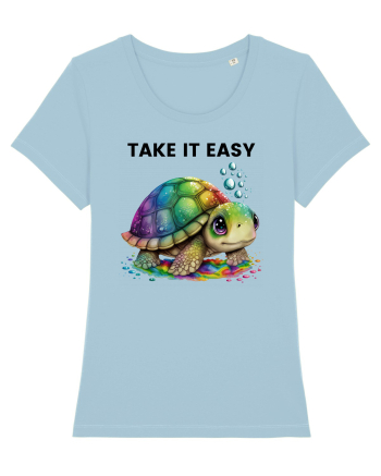 Broasca testoasa pictata in acuarela cu mesajul  Take it Easy Sky Blue