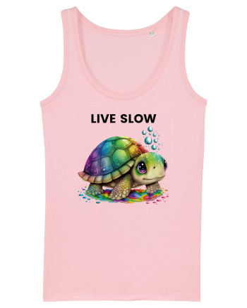 Broasca testoasa pictata in acuarela cu mesajul Live Slow Cotton Pink