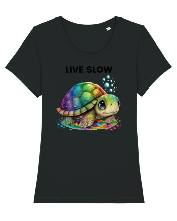 Broasca testoasa pictata in acuarela cu mesajul Live Slow Black