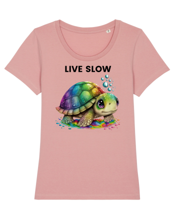 Broasca testoasa pictata in acuarela cu mesajul Live Slow Canyon Pink