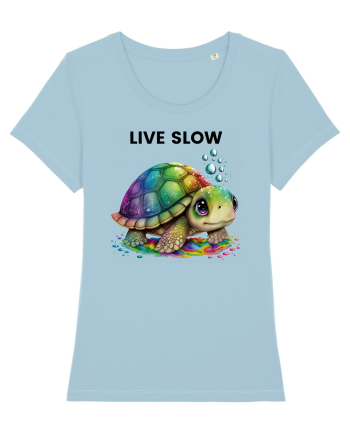 Broasca testoasa pictata in acuarela cu mesajul Live Slow Sky Blue