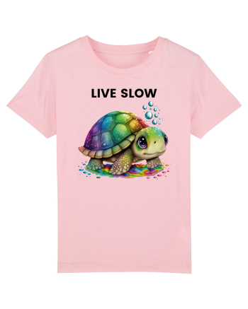 Broasca testoasa pictata in acuarela cu mesajul Live Slow Cotton Pink