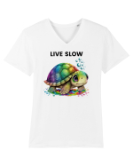 Broasca testoasa pictata in acuarela cu mesajul Live Slow Tricou mânecă scurtă guler V Bărbat Presenter