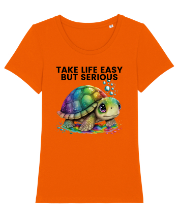 Broasca testoasa pictata in acuarela cu mesajul Take Life Easy but Serious Bright Orange
