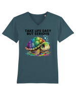 Broasca testoasa pictata in acuarela cu mesajul Take Life Easy but Serious Tricou mânecă scurtă guler V Bărbat Presenter