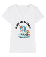 Unicorn dragut mesaj Born to Sparkle, design 1 Tricou mânecă scurtă guler V Damă Evoker