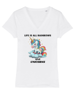 Unicorn dragut mesaj Life is all Rainbows and Unicorns, design 1 Tricou mânecă scurtă guler V Damă Evoker