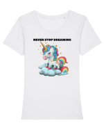 Unicorn dragut mesaj Never stop dreaming, design 1 Tricou mânecă scurtă guler larg fitted Damă Expresser