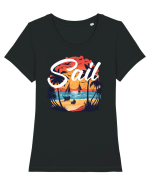 Sail - apus de soare cu palmieri si barci cu panze Tricou mânecă scurtă guler larg fitted Damă Expresser