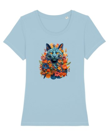 Pisica desenata din flori Sky Blue