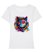 Pisica graffiti Tricou mânecă scurtă guler larg fitted Damă Expresser