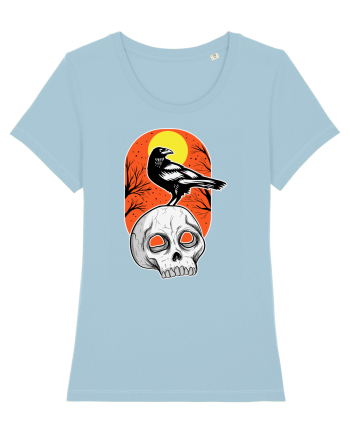 Halloween Pumpkin And Black Crow Sky Blue