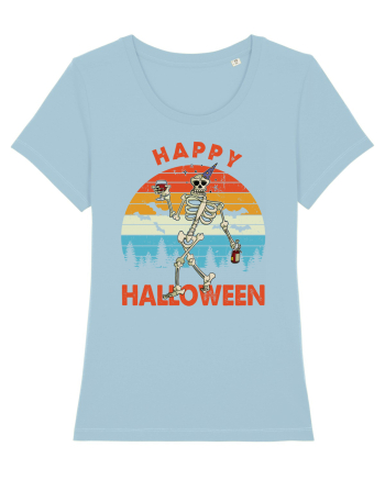 Happy Halloween Funny Drunk Skeleton Sky Blue