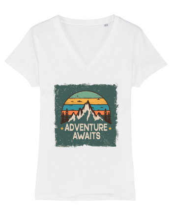 Adventure Awaits Retro Sunset Distressed Poster Style White