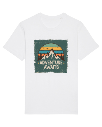 Adventure Awaits Retro Sunset Distressed Poster Style White