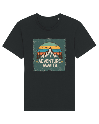 Adventure Awaits Retro Sunset Distressed Poster Style Black