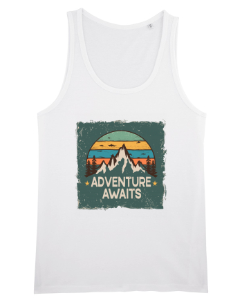 Adventure Awaits Retro Sunset Distressed Poster Style White