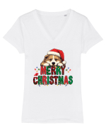 cu urări de Crăciun si cățel Akita Tricou mânecă scurtă guler V Damă Evoker