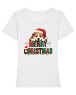 cu urări de Crăciun si cățel Akita Tricou mânecă scurtă guler larg fitted Damă Expresser