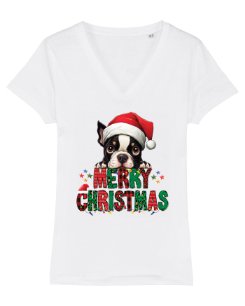 cu urări de Crăciun si cățel Boston Terrier White
