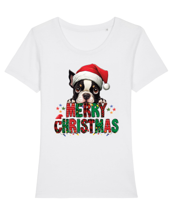 cu urări de Crăciun si cățel Boston Terrier White