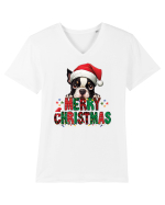 cu urări de Crăciun si cățel Boston Terrier Tricou mânecă scurtă guler V Bărbat Presenter