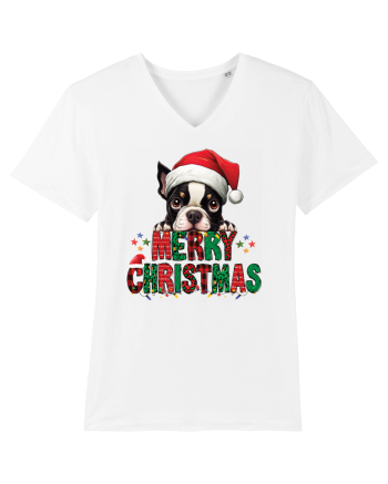 cu urări de Crăciun si cățel Boston Terrier White