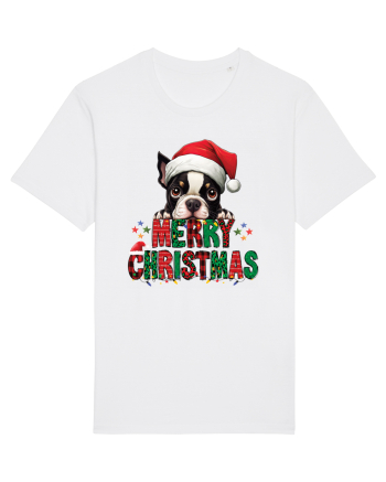 cu urări de Crăciun si cățel Boston Terrier White