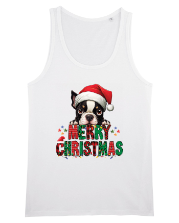 cu urări de Crăciun si cățel Boston Terrier White