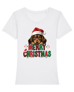 cu urări de Crăciun si cățel Teckel Pitic Tricou mânecă scurtă guler larg fitted Damă Expresser