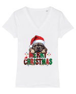 cu urări de Crăciun si cățel Bulldog francez Tricou mânecă scurtă guler V Damă Evoker