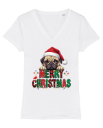 cu urări de Crăciun si cățel Pug Tricou mânecă scurtă guler V Damă Evoker