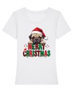 cu urări de Crăciun si cățel Pug Tricou mânecă scurtă guler larg fitted Damă Expresser