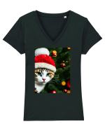Cat in Christmas tree Tricou mânecă scurtă guler V Damă Evoker