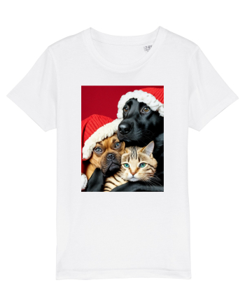 Dogs and cat in Christmas spirit  White