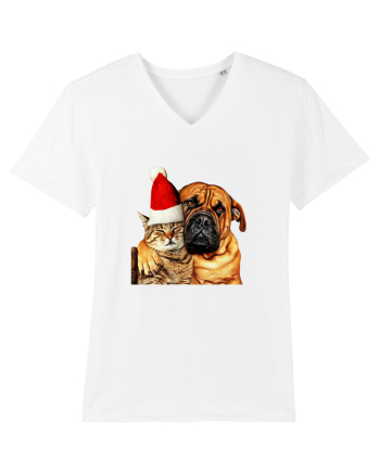 Dogs and cat in Christmas spirit White