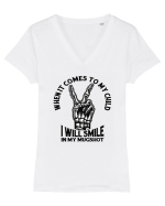 Moda rebelă pt mame moderne - I will smile in my mugshot Tricou mânecă scurtă guler V Damă Evoker