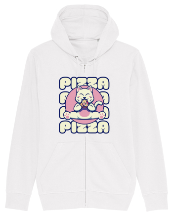 Cute kawaii cat eating pizza White