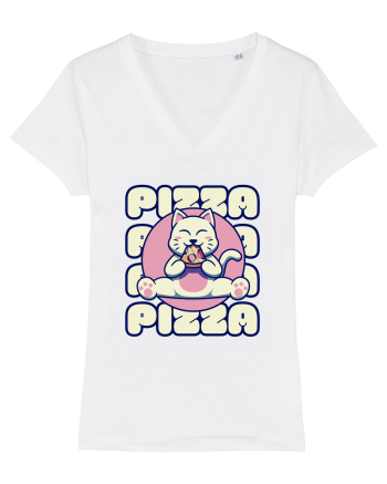 Cute kawaii cat eating pizza White