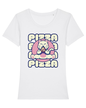 Cute kawaii cat eating pizza White