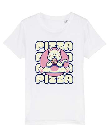 Cute kawaii cat eating pizza White